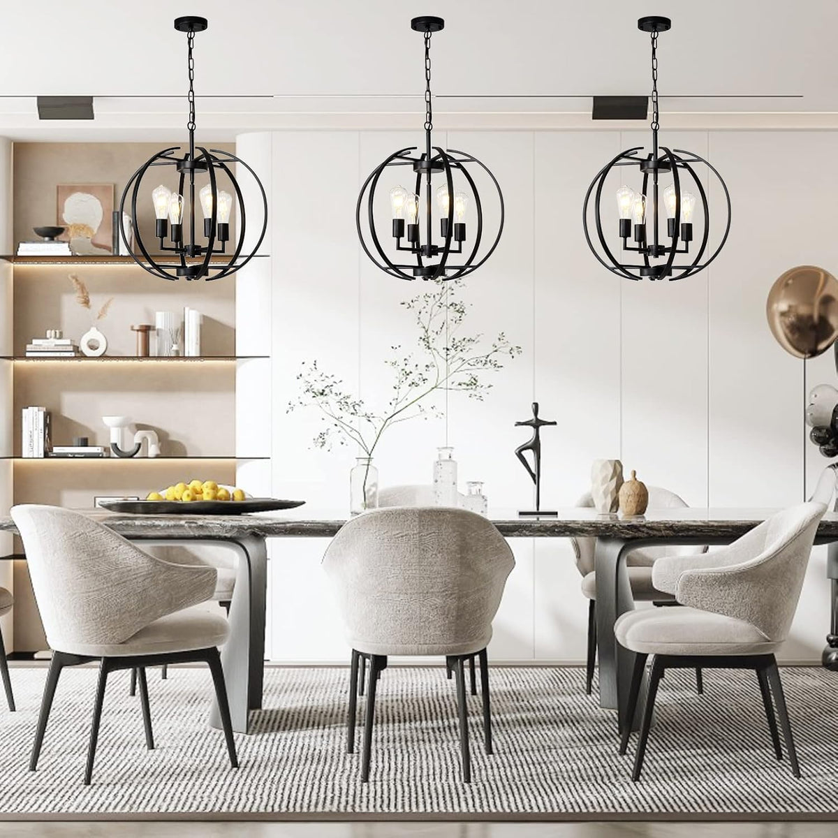 Large Lantern Globe Black Chandelier Lighting, Farmhouse Chandelier Adjustable Pendant Lighting