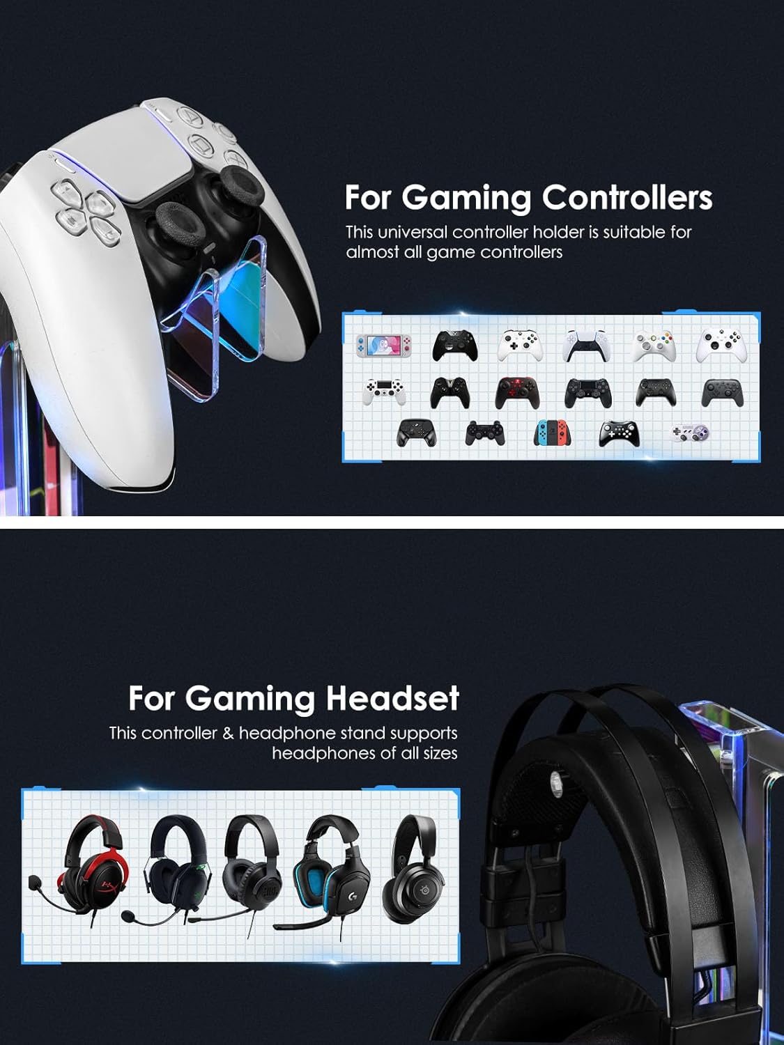 OAPRIRE Headset and Controller Stand with Lights, 2 Tier Acrylic Game Controller Holder, Controller
