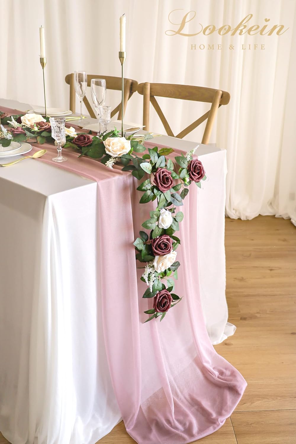 Lookein Artificial Rose Flower Garland Greenery Garland 5FT for Wedding Ceremony Backdrop Arch