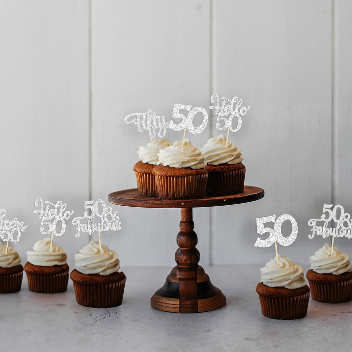 30Pcs Happy 50th Birthday Cupcake Toppers Silver Glitter Fifty Cheers to 50 Years Old Birthday