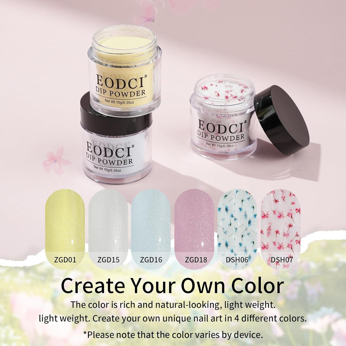 Dip Powder Nail Transparent Crystal Dried Flower Set, 6 Colors Dipping Powder Kit With Base & Top
