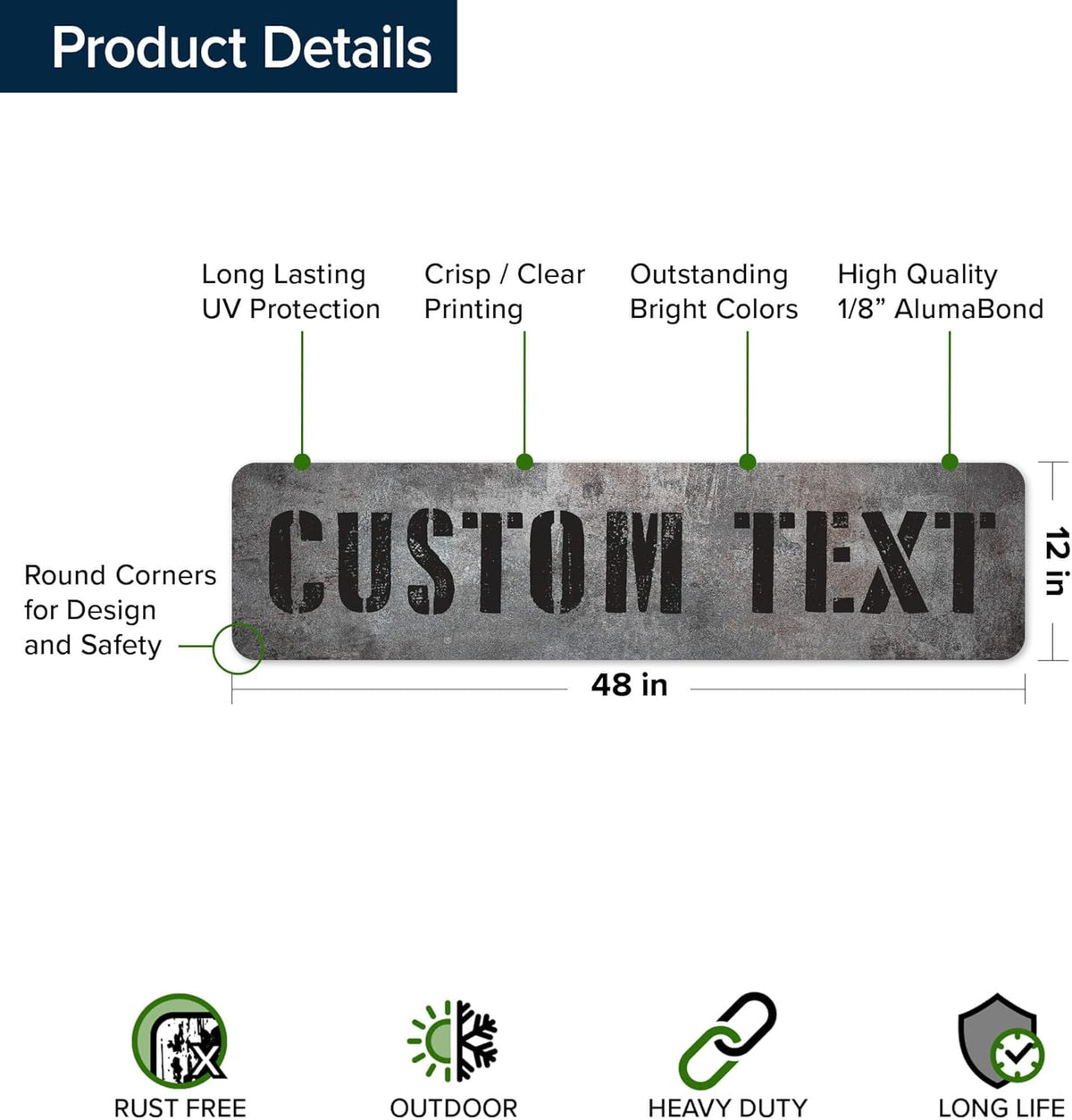 Custom Sign, Custom Street Sign, 11 Font Colors, 13 Font Styles, 4 Hole Options, 22 Sizes, 12x48
