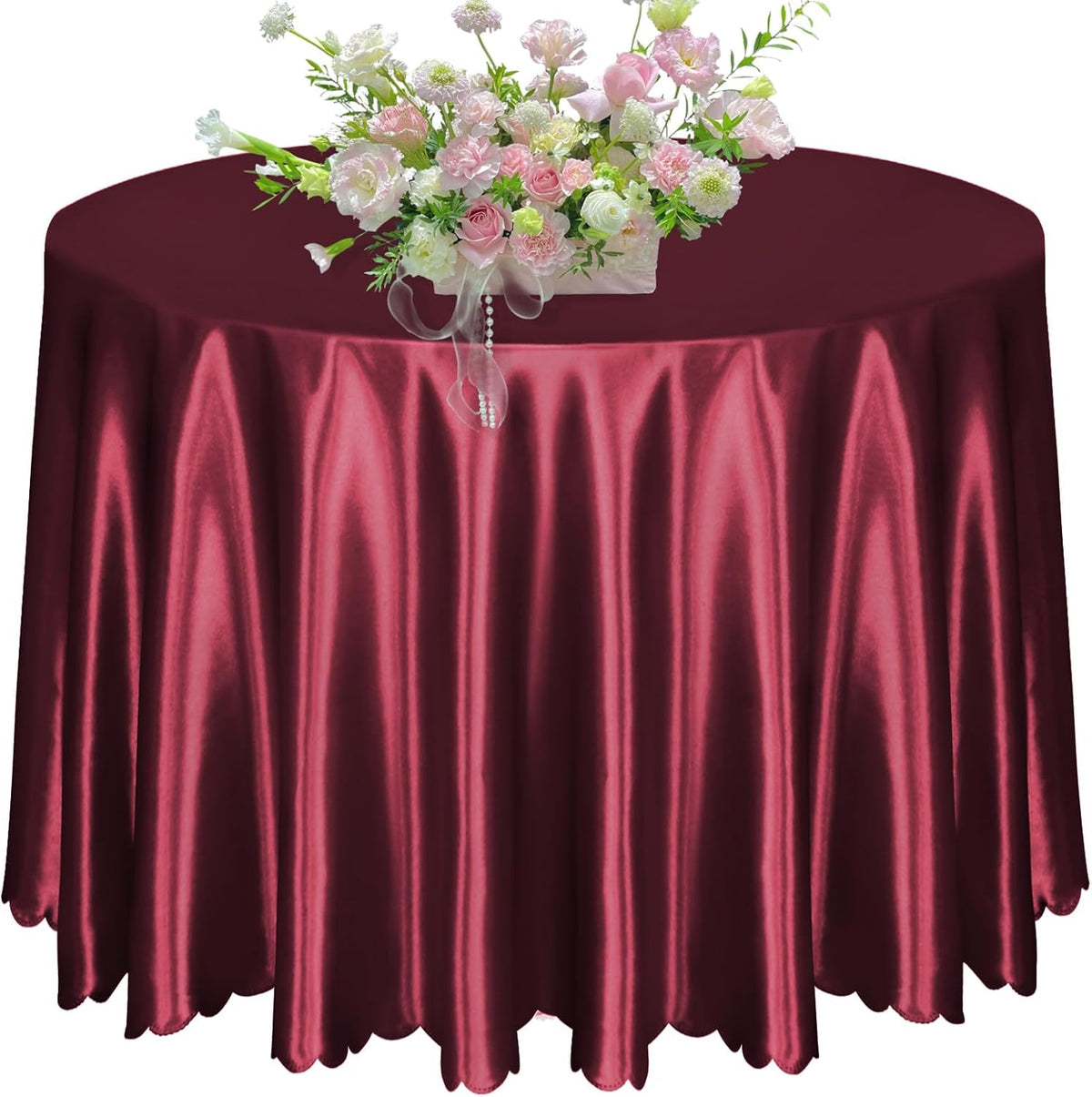 KKJIAF 1 Pack 108 Inch Round Table Cloth, Burgundy Overlay Round Satin Table Cover, Silky Satin