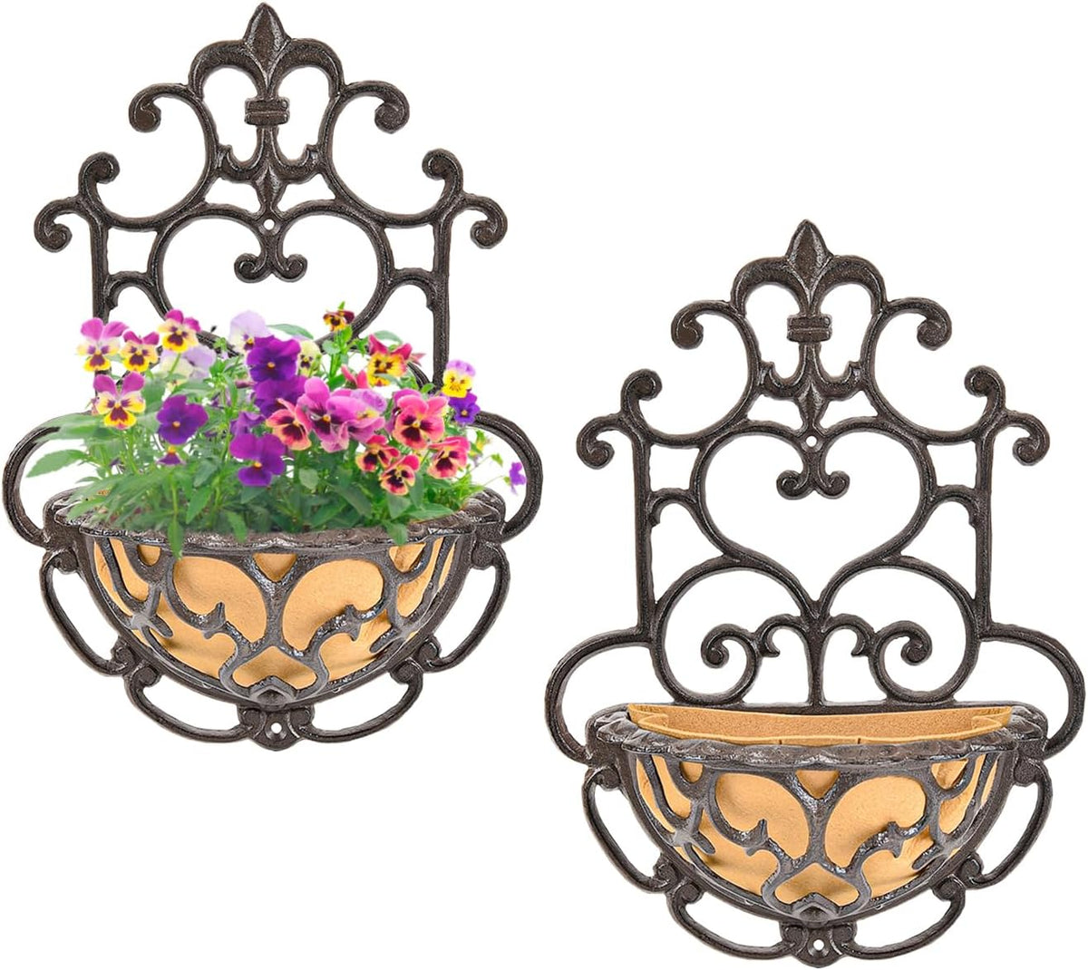 Sungmor 2 Pack Wall Hanging Planter Basket with Fabric Liner, Antique Victoria Style Cast Iron Wall