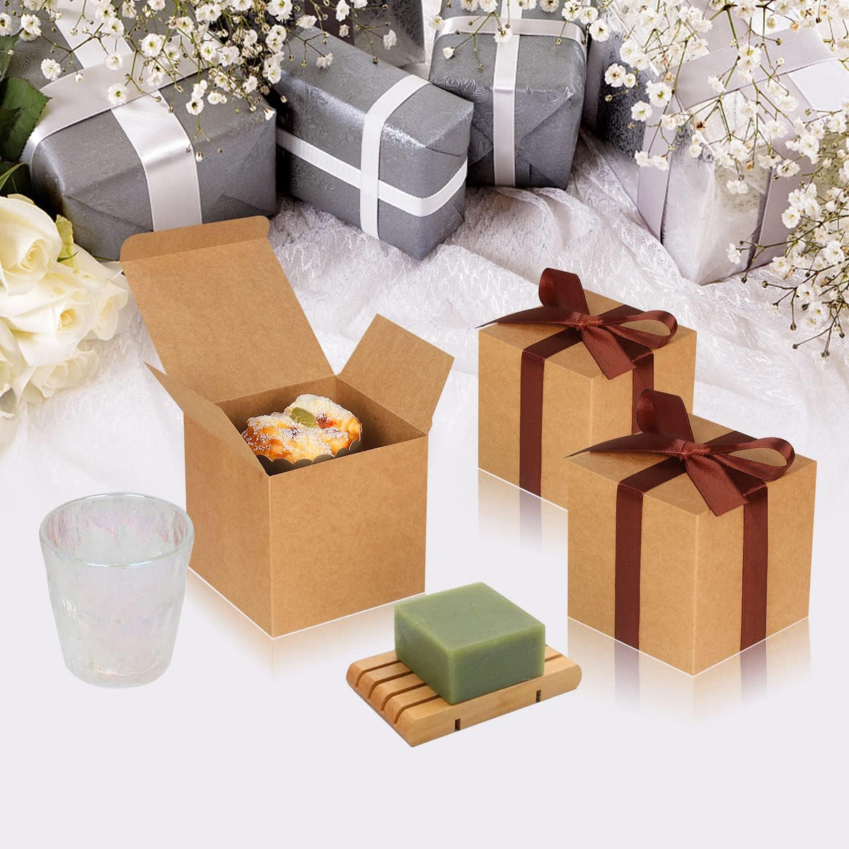 100 Pack Small Gift Boxes, 4x4x4 Inches Favor Boxes Brown Paper Gift Boxes with Lids for Presents