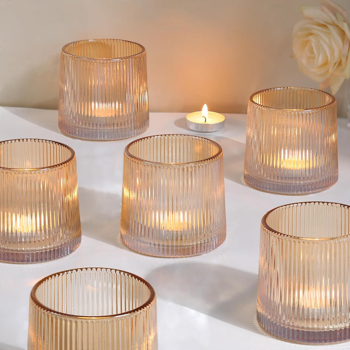 DARJEN Gold Ribbed Tealight Votive Candle Holders- 6Pack Glass Candle Holders for Table