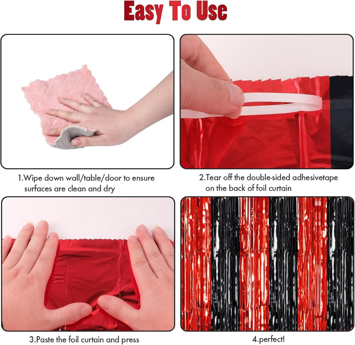 CANREVEL 2 Pack 3.3x8.2 Feet Black and Red Foil Fringe Backdrop Curtains, Tinsel Streamers Birthday