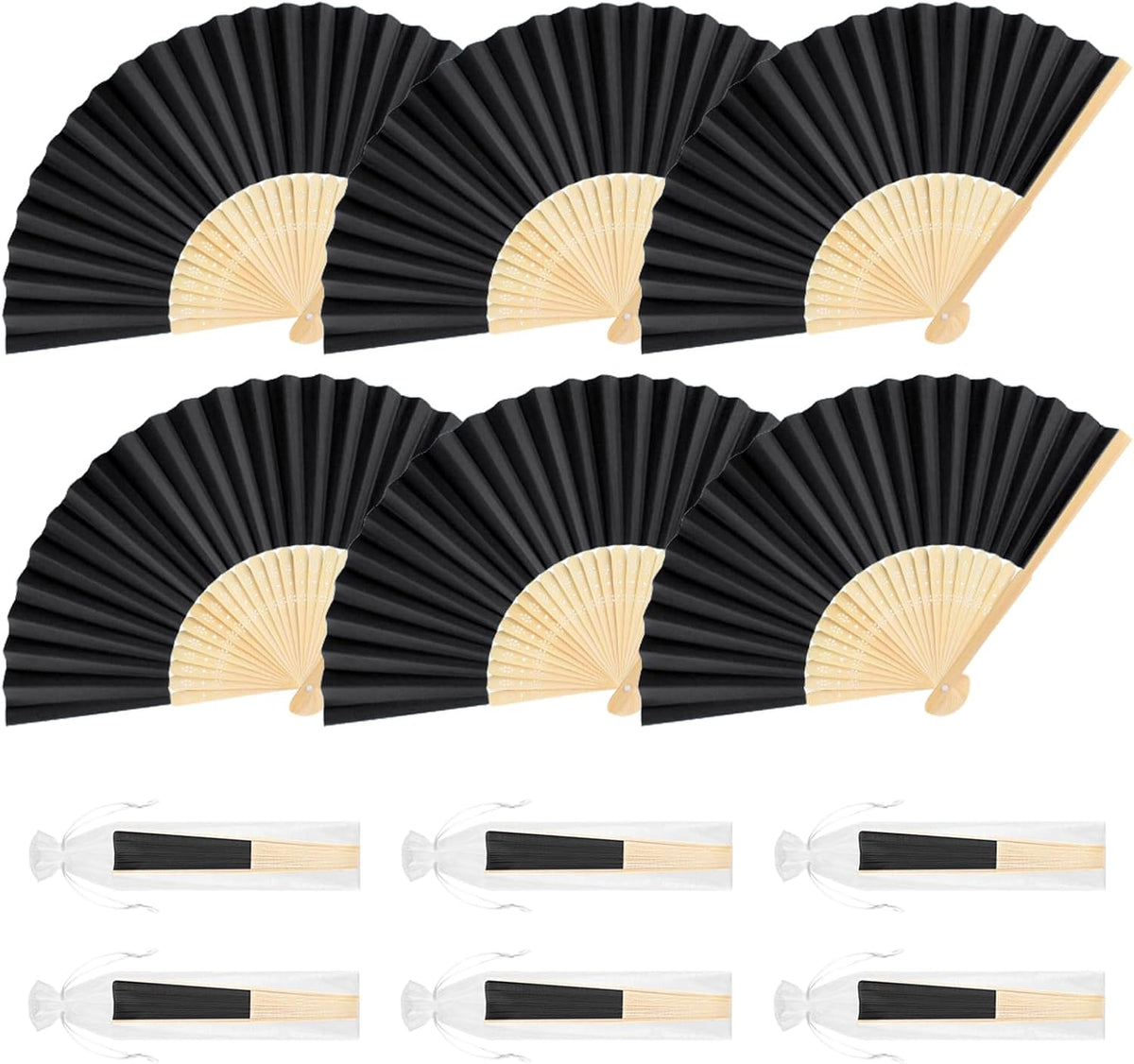 6 Pieces Black Hand Held Bamboo Folding Fans Foldable Paper Fans Handheld for Women Girls Wedding