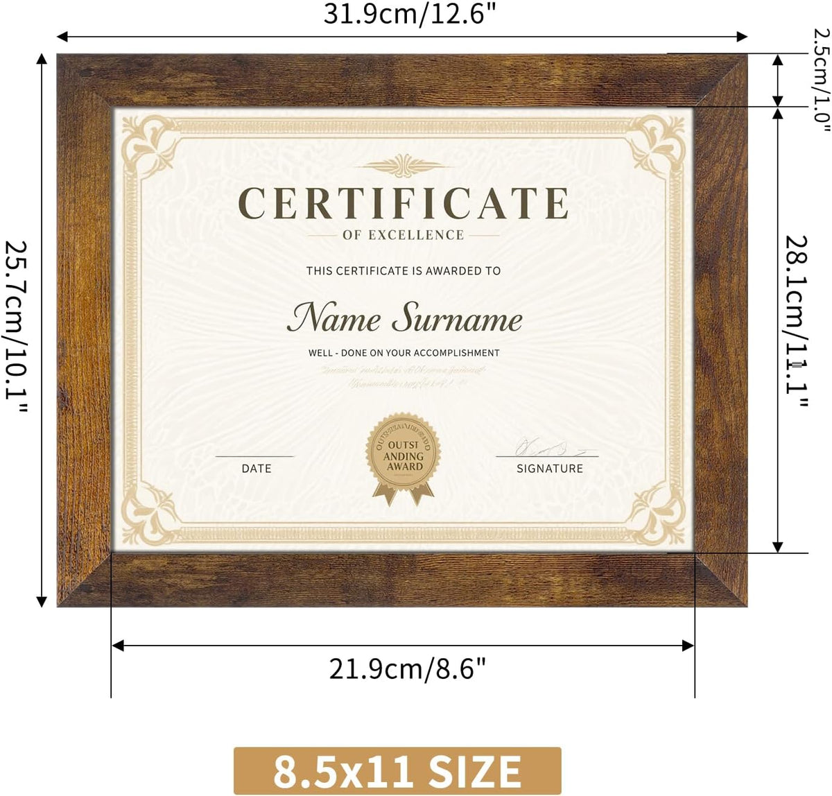 PETAFLOP 8.5x11 Picture Frame Rustic Certificate Frames Wall Tabletop Display Horizontally or