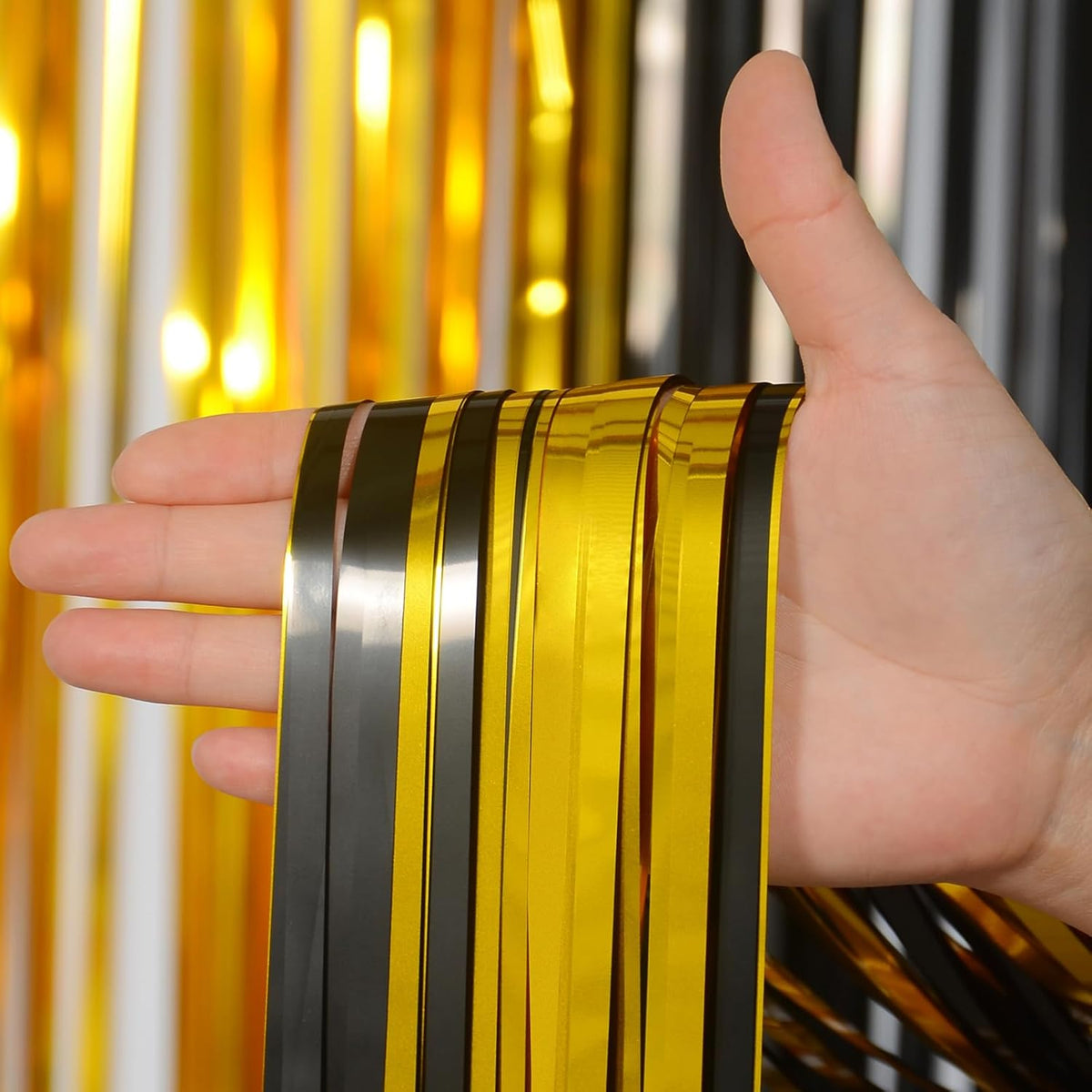 Melsan Foil Curtain Tinsel Backdrop - 3.2ft X 8ft Black and Gold Fringe Curtain Photo Streamers
