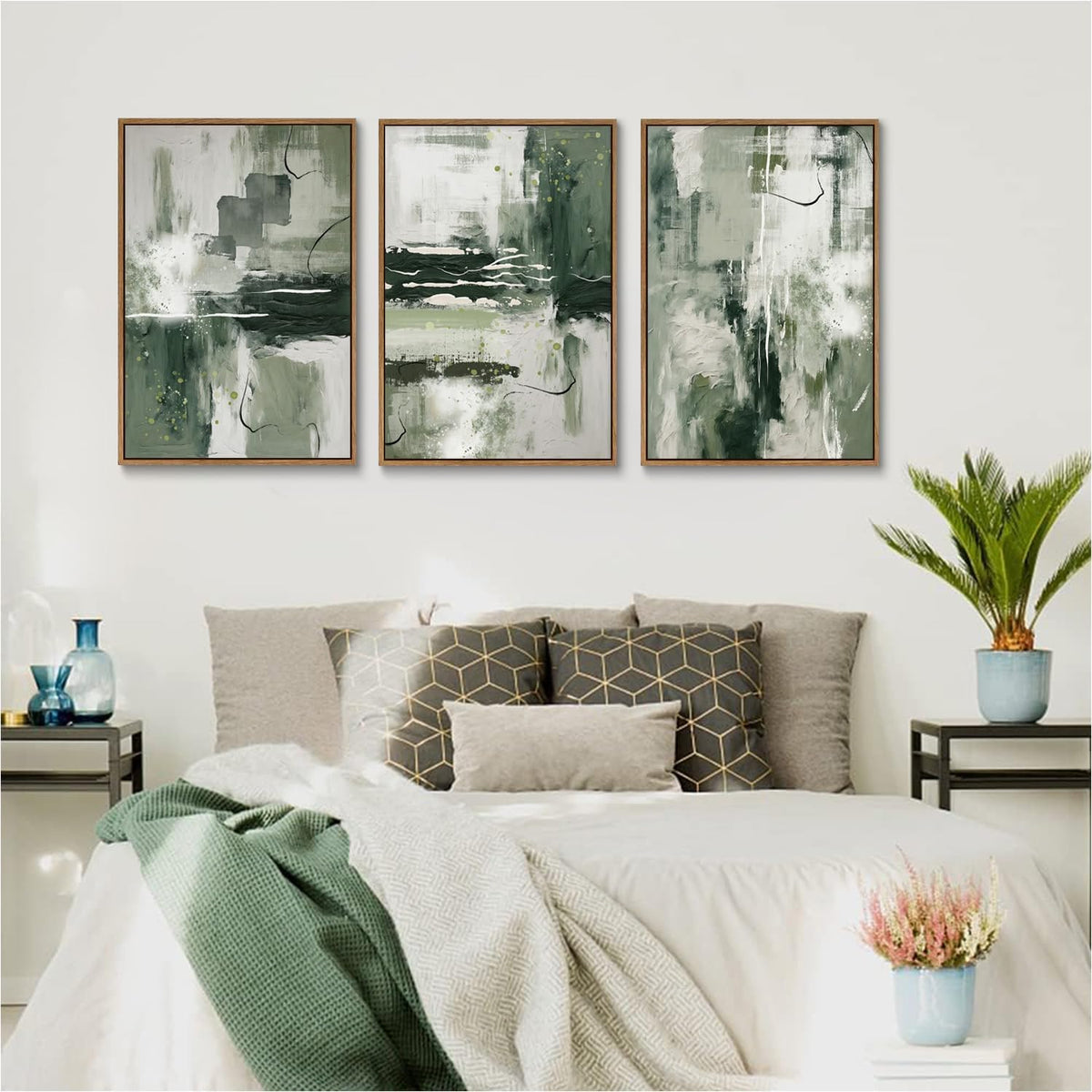 myusuar 3 Piece Large Modern Abstract Canvas Framed Wall Art For Living Room, Sage Green Minimalist