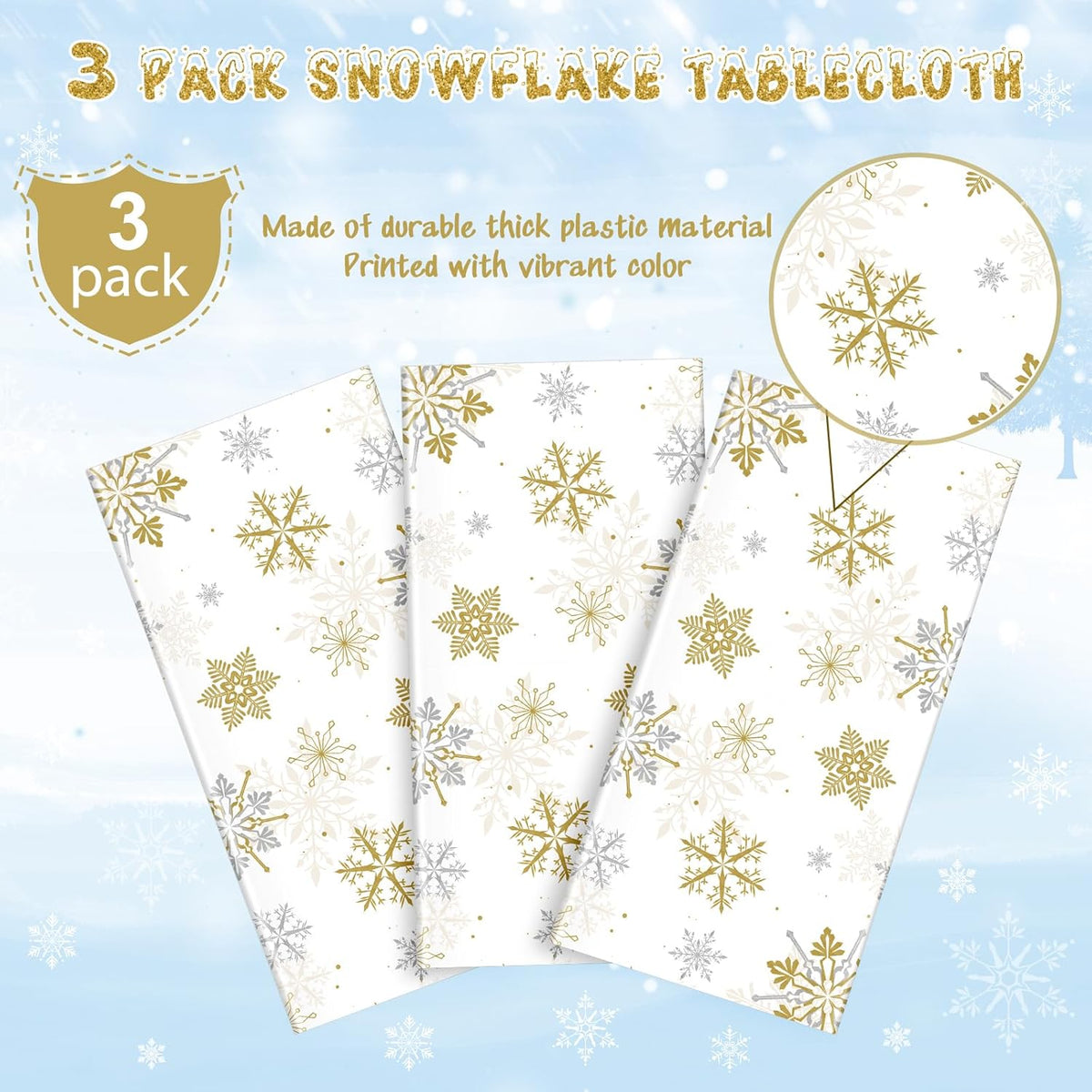 Jectivs 3Pcs Christmas Snowflake Party Tablecloths Decorations,Plastic White and Gold Table