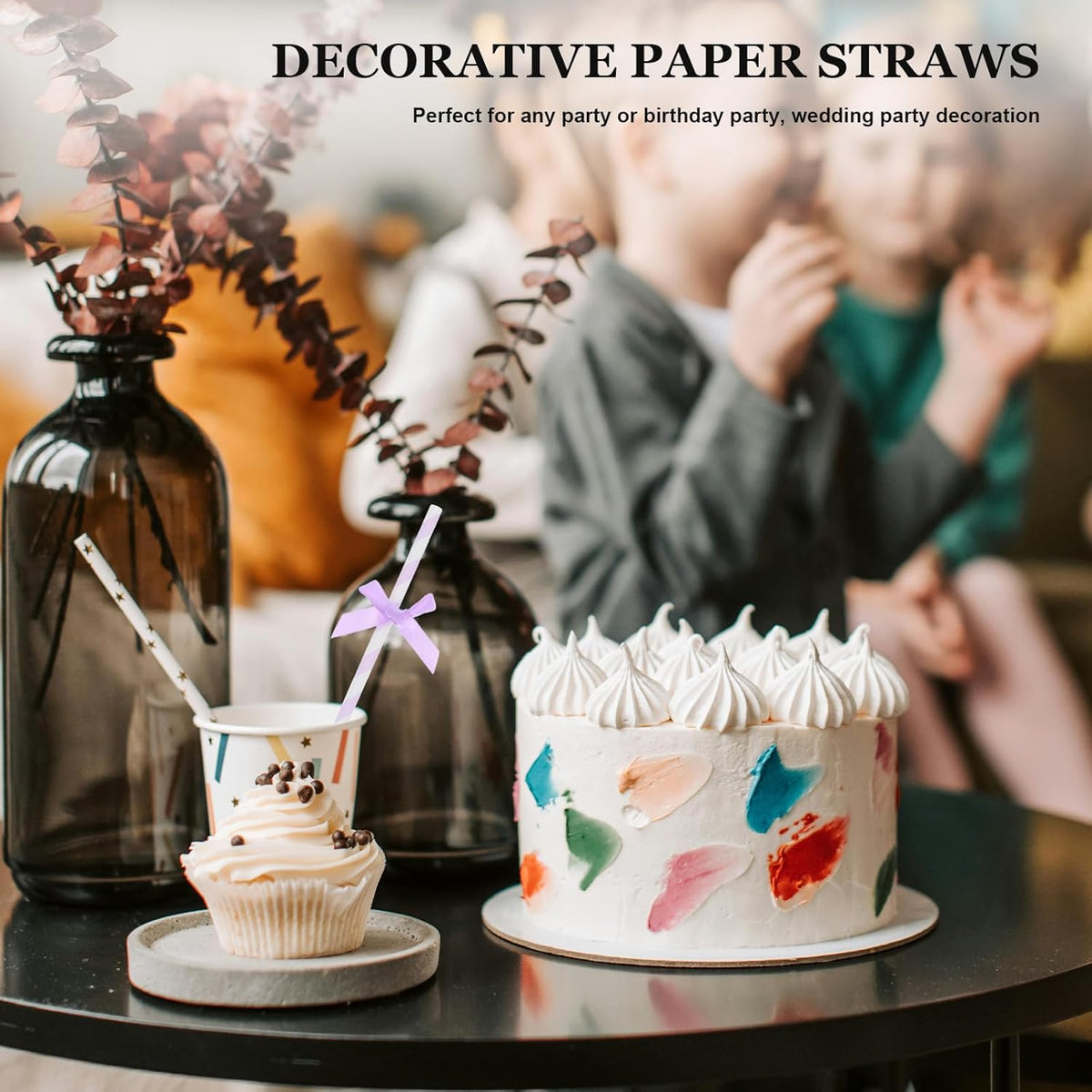 60Pcs Purple Paper Straws with Bow Tie Decorations, Disposable Drinking Straws for Birthday