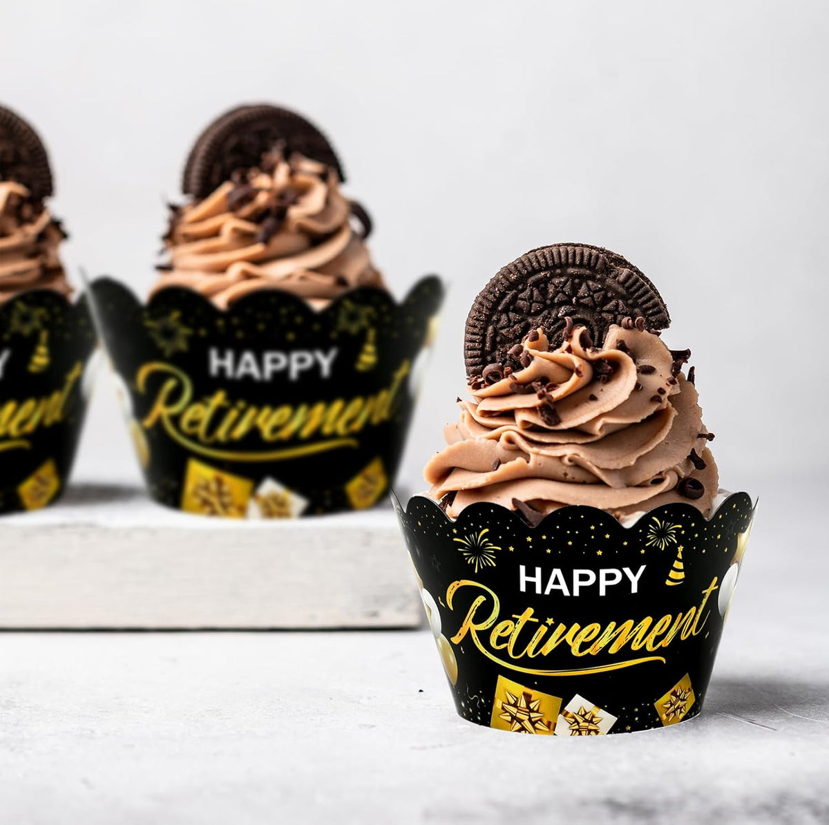 Whaline 36Pcs Happy Retirement Cupcake Wrappers Black Gold Retirement Cupcake Liners Decorative