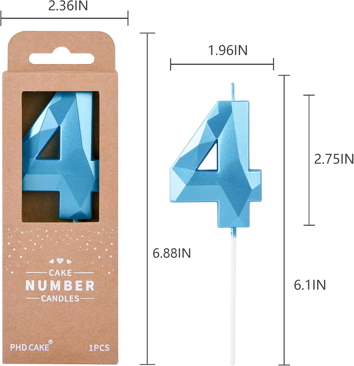 PHD CAKE 2.76 Inch Crystal Blue 4 Number Birthday Candles, Blue Number Candles, Cake Number