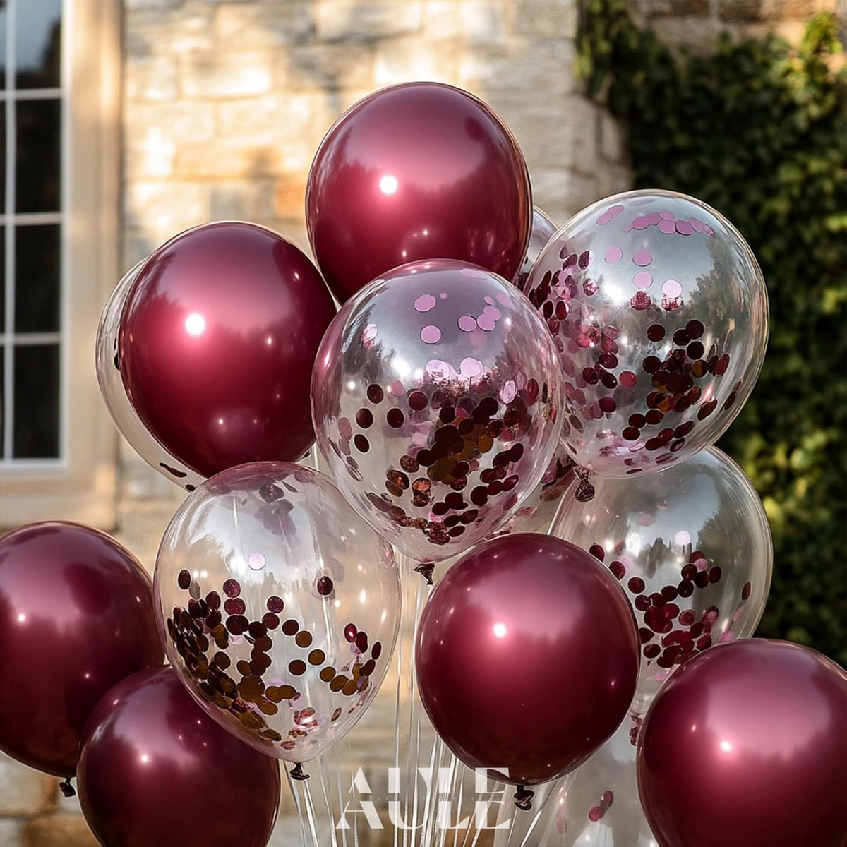 AULE Party Balloons Pack of 42 - Metallic Burgundy Balloons and Confetti Latex Helium Balloons With