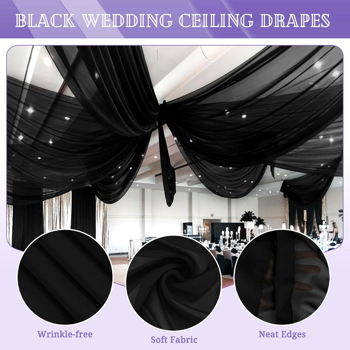 6 Panels Black Ceiling Drapes for Wedding 5ftx10ft Chiffon Fabric Arch Draping Curtains Sheer