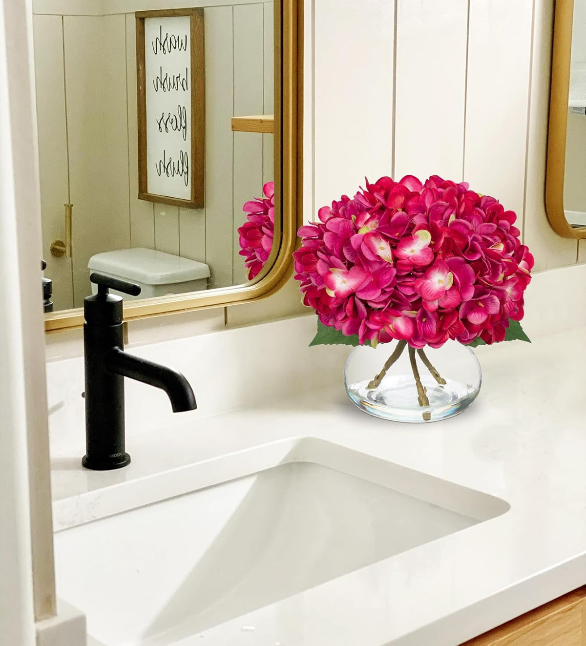 Hollyone Hydrangea Artificial Flowers with Glass Vase Fuchsia Silk Faux Flowers Arrangements in