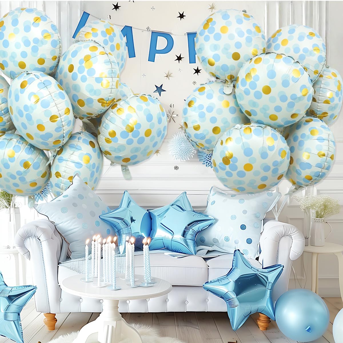 10 Pcs Blue Polka Dot Foil Balloons, 18" Foil Round Balloons with Blue Gold Dots, Helium-Friendly