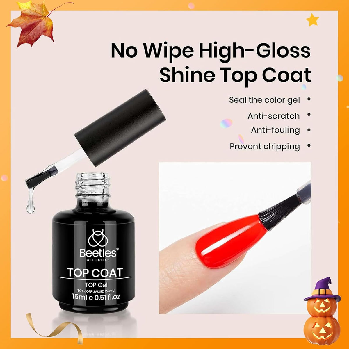 beetles Gel Polish No Wipe Gel Top Coat - Clear Color Top Coat Gel Nail Polish Shine Finish and