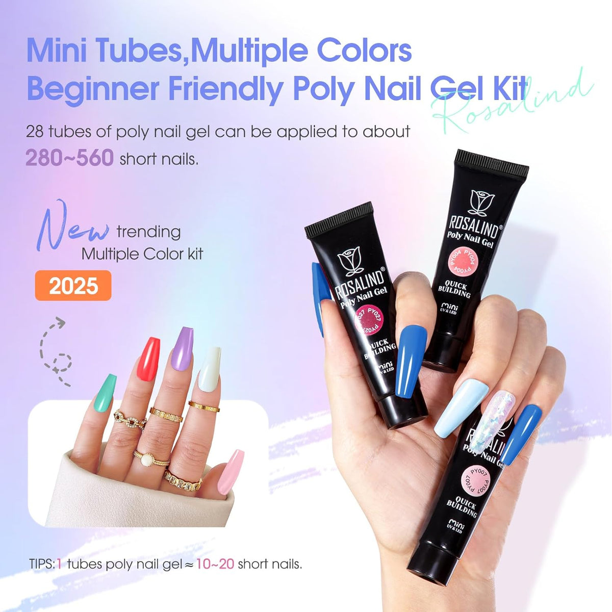ROSALIND 28 Colors Color Poly Nail Gel Colors Kit with Mini Nail Lamp Clear Neon Poly Nail Gel