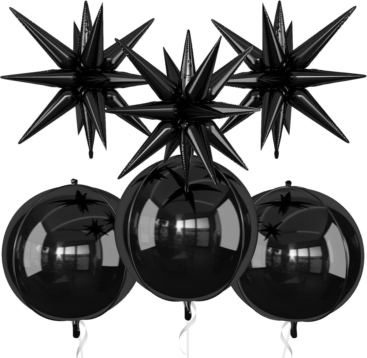 6Pcs Black Foil Balloons,22Inch Black 4D Round Ball Balloon and Explosion Star Balloon for Birthday