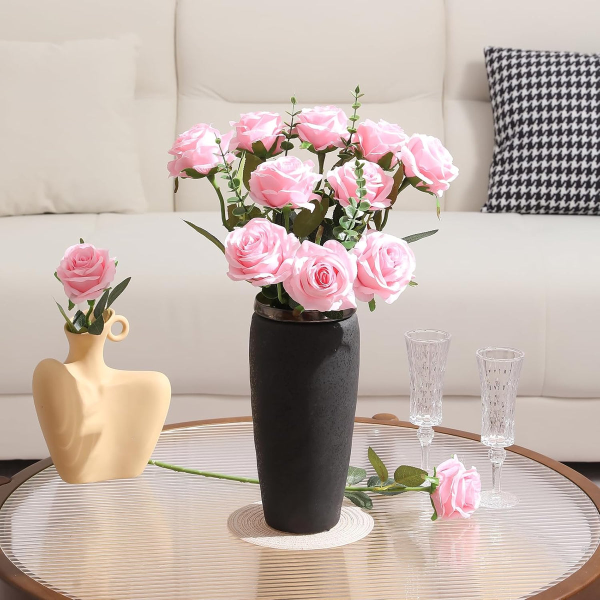 Tifuly Pink Roses Artificial Flowers - 12 pcs Realistic Single Long Stem Fake Silk Roses Bouquet