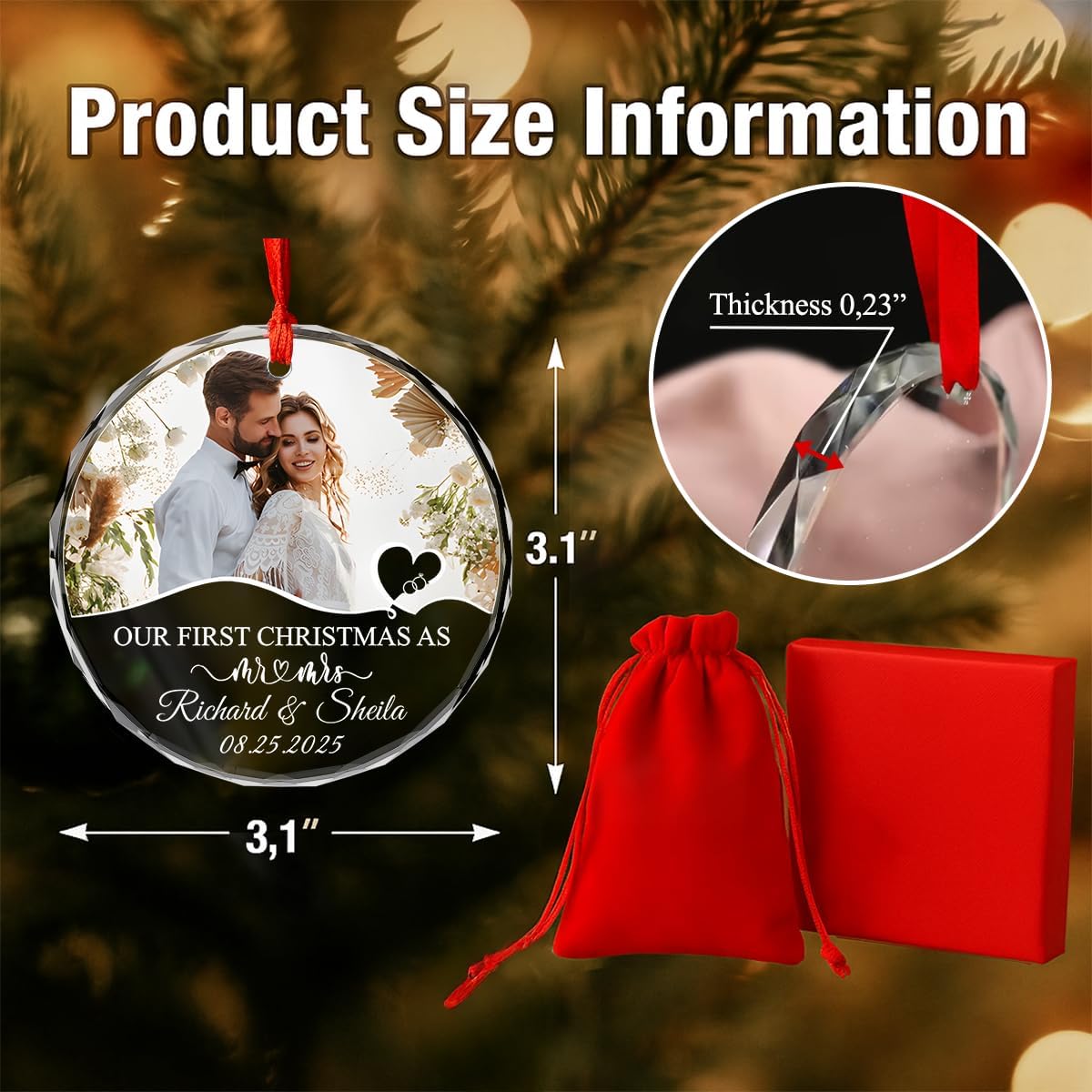 Personalized Christmas Ornaments with Names, Couple Glass Ornament, Custom Wedding Gifts for