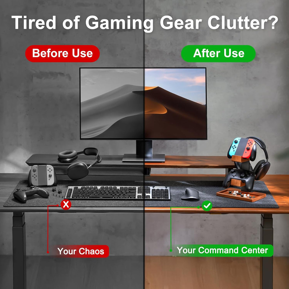 Solid Wood Controller Holder and Headphone Stand, Gaming Controller Stand for Desk, Dual Controller