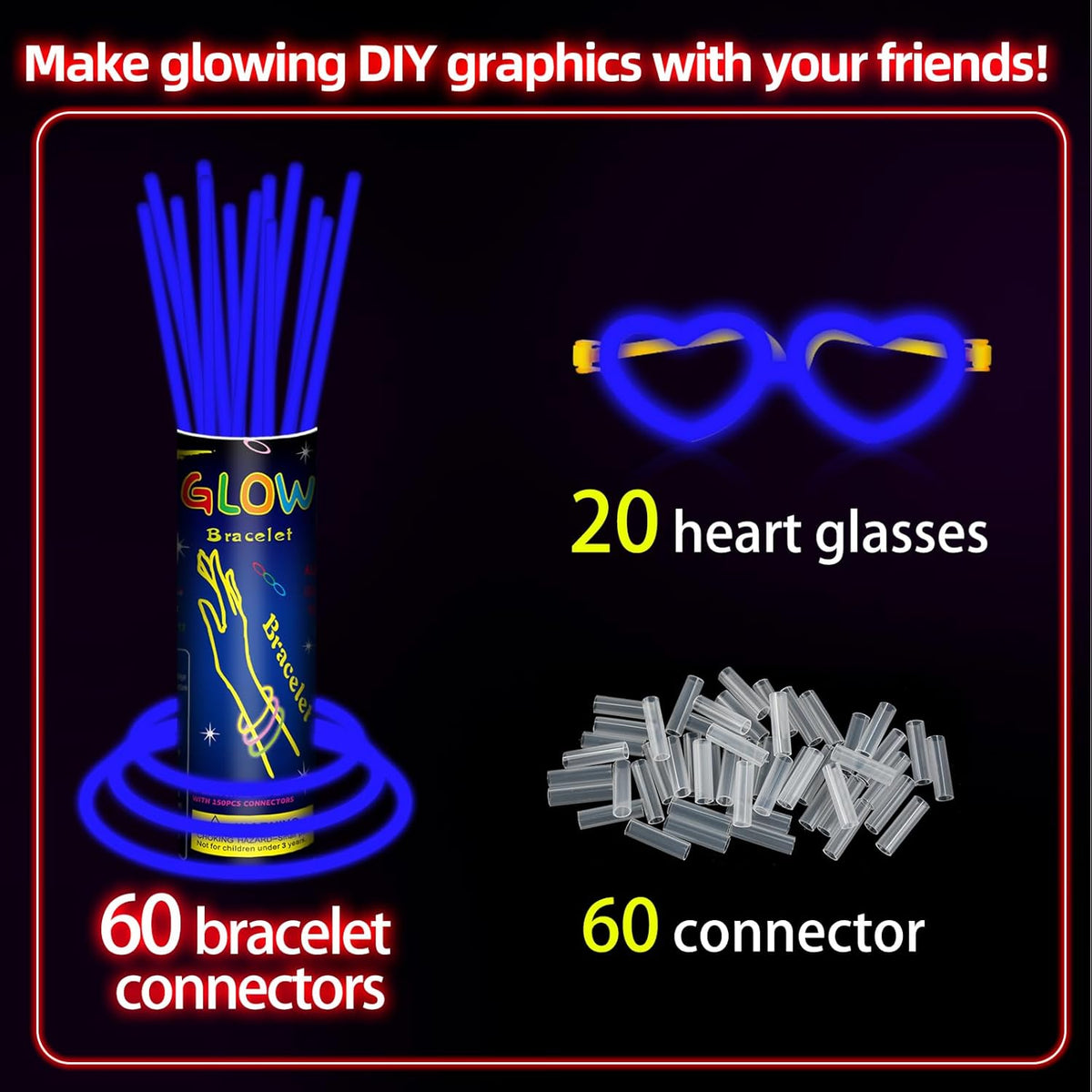 60 Pack 8” Blue Glow Sticks Bulk Bright Glow Sticks with 60 Connectors 20 Heart Glasses Glow In The