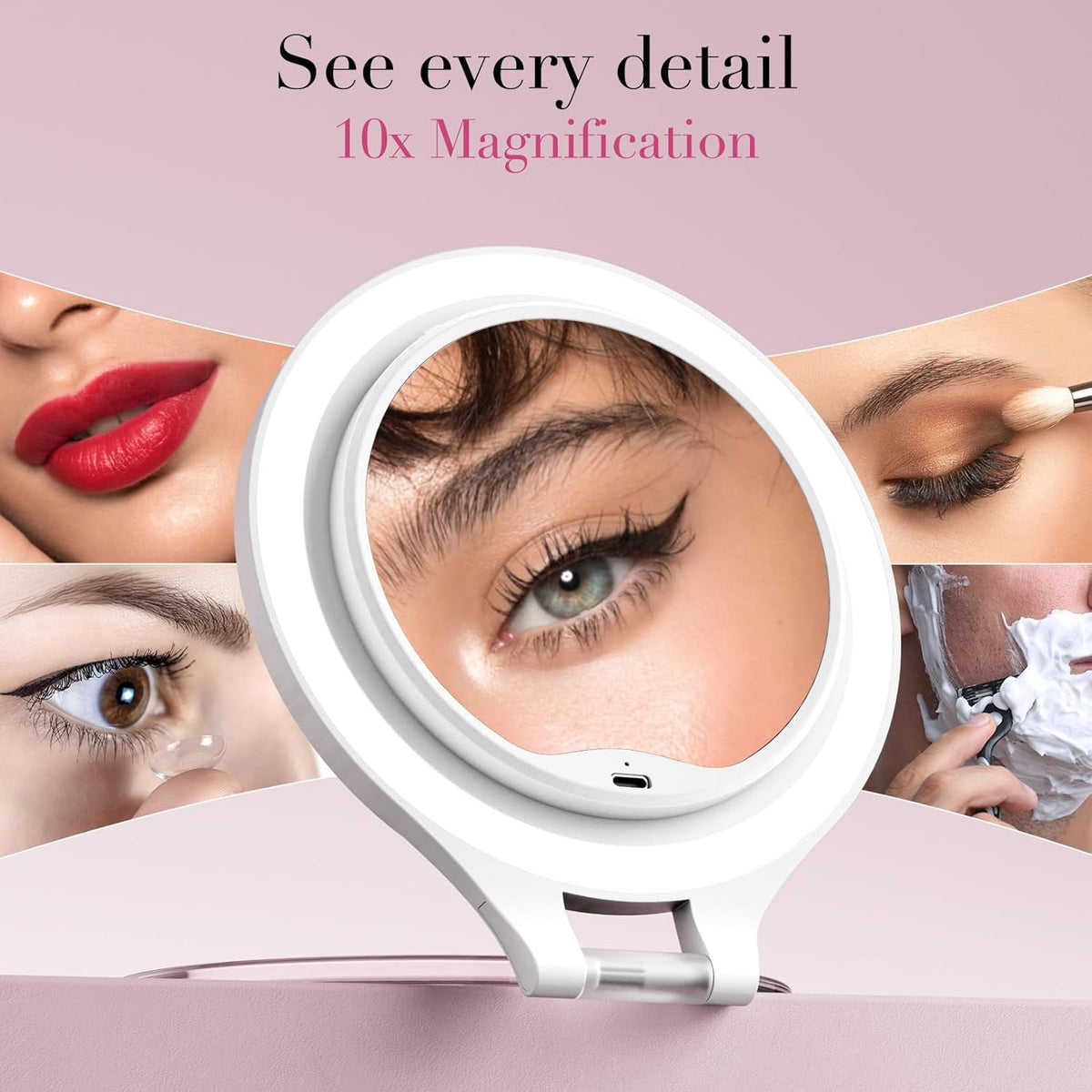 FASCINATE Magnifying Mirror with Light 10X/1X, Double Sided Travel Mirror with Light, Rechargeable