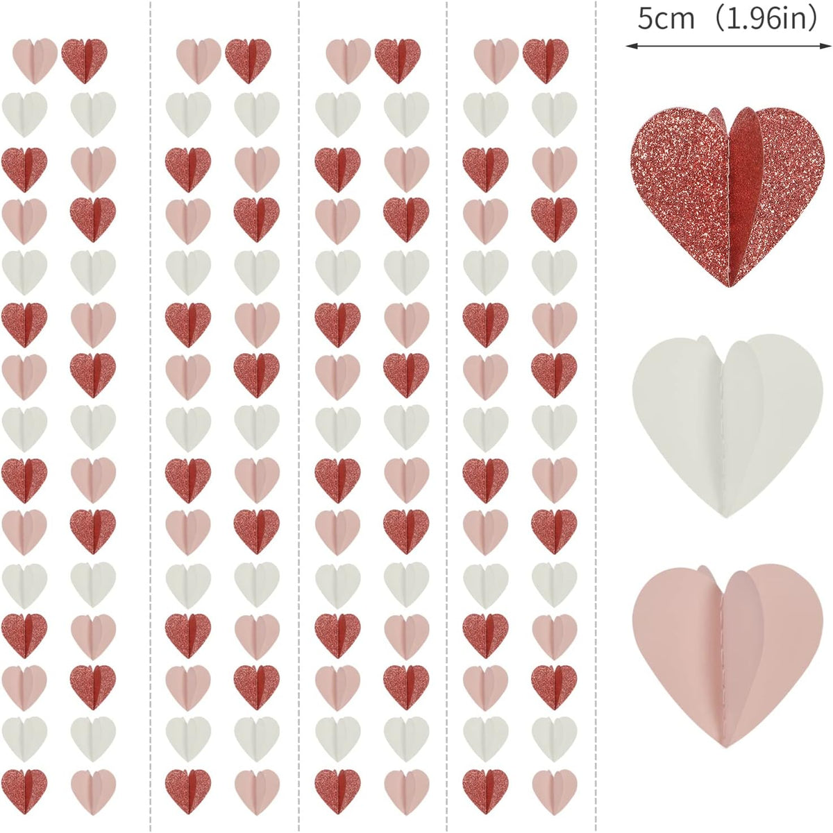Rose-Gold Pink White 3D-Heart Garland - 39Ft Party Decorations Hanging Paper Streamers