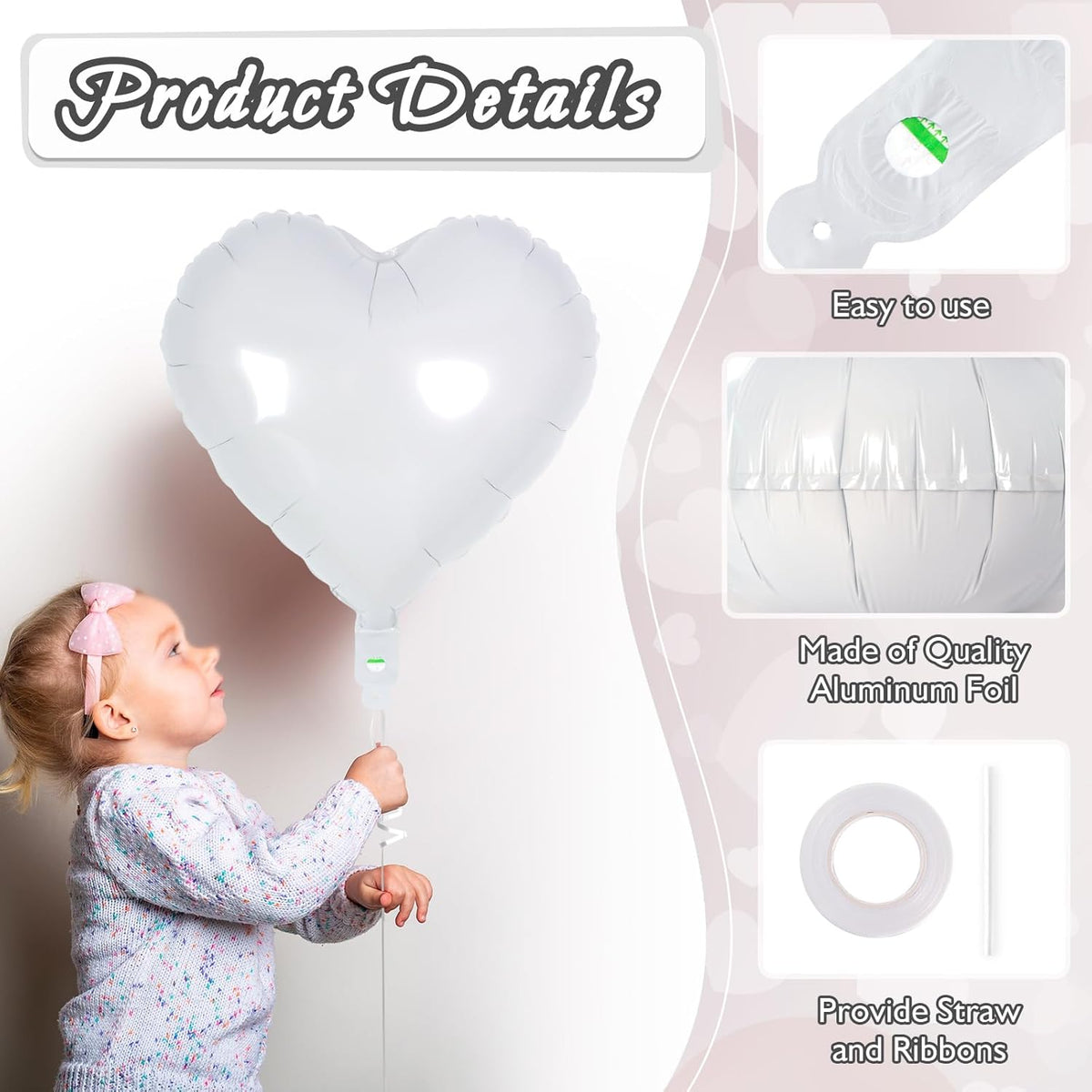 24 White Heart Balloons, 18 inch Heart Shape Foil Balloons for Love, Valentine, Birthday, Wedding