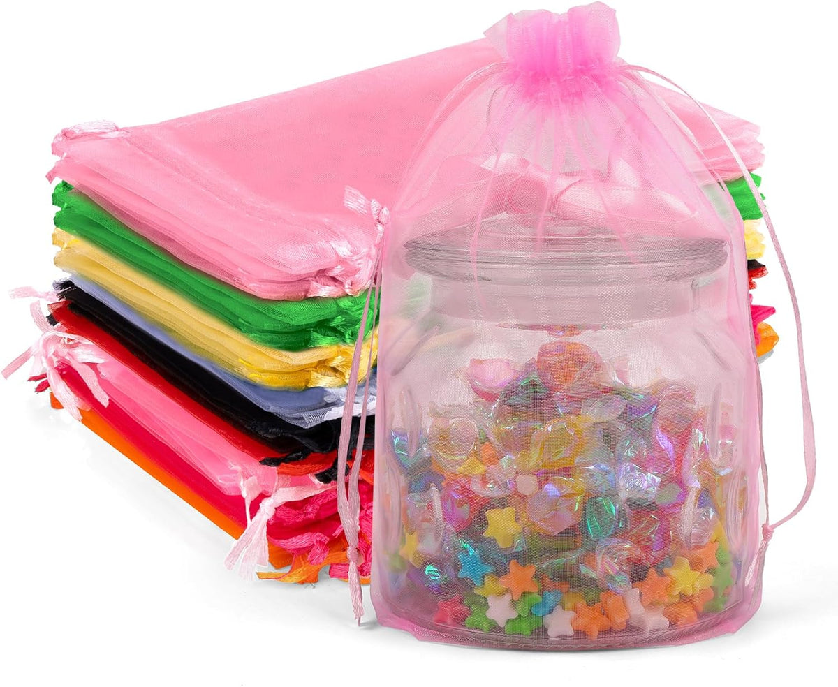 ANZNKU 50 Pack Assorted Organza Bags 6x9 Inch, Mesh Drawstring Bags, Mesh Bag for Gifts Large