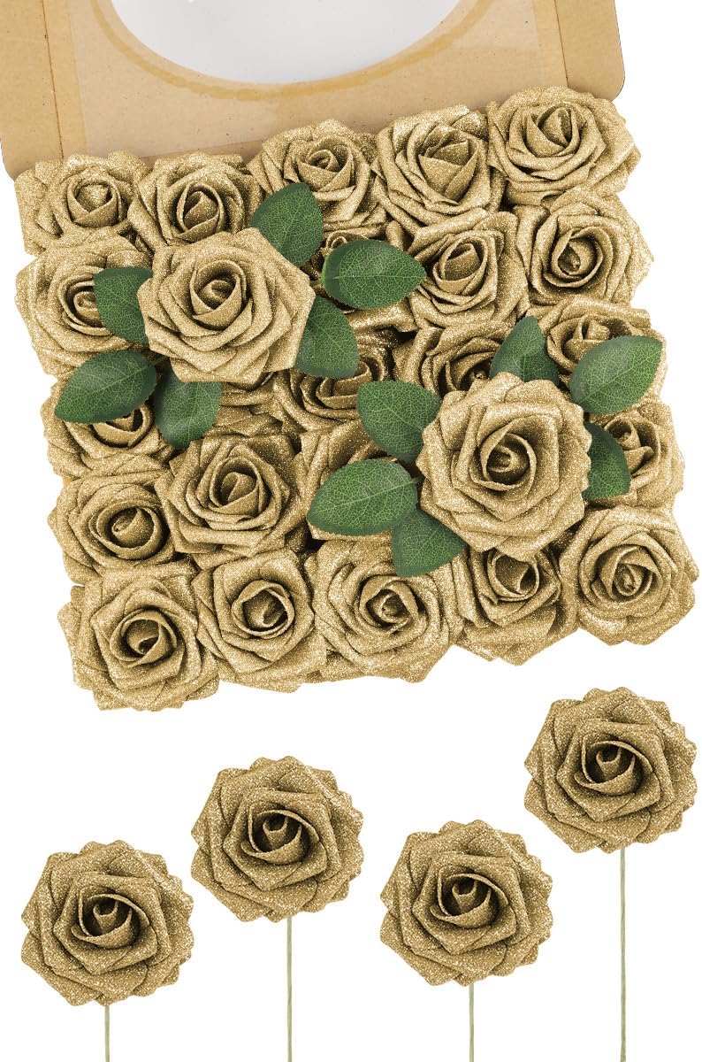 N&T NIETING Artificial Flowers Glowing Gold Flowers Foam 25pcs Glitter Roses Real Looking Fake