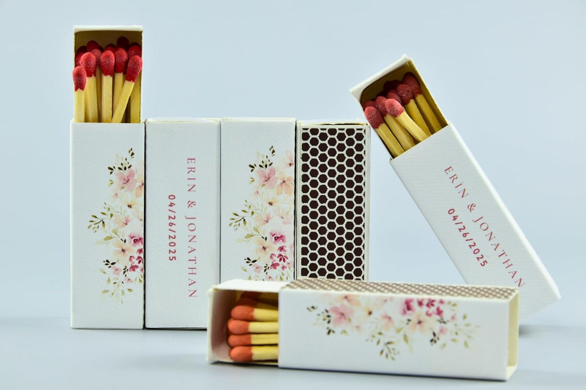 10 Boxes - Customized Matchboxes Colorful Tips (Wedding Design #5, 4" Matchboxes) (2" Matchsticks