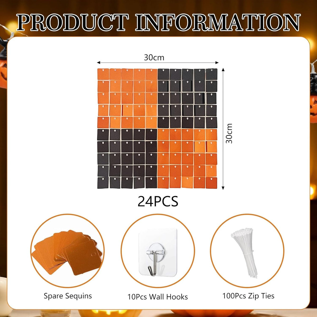 24PCS Black Orange Shimmer Wall Backdrop, Halloween Square Sequin Photo Backdrops Panel, Glitter