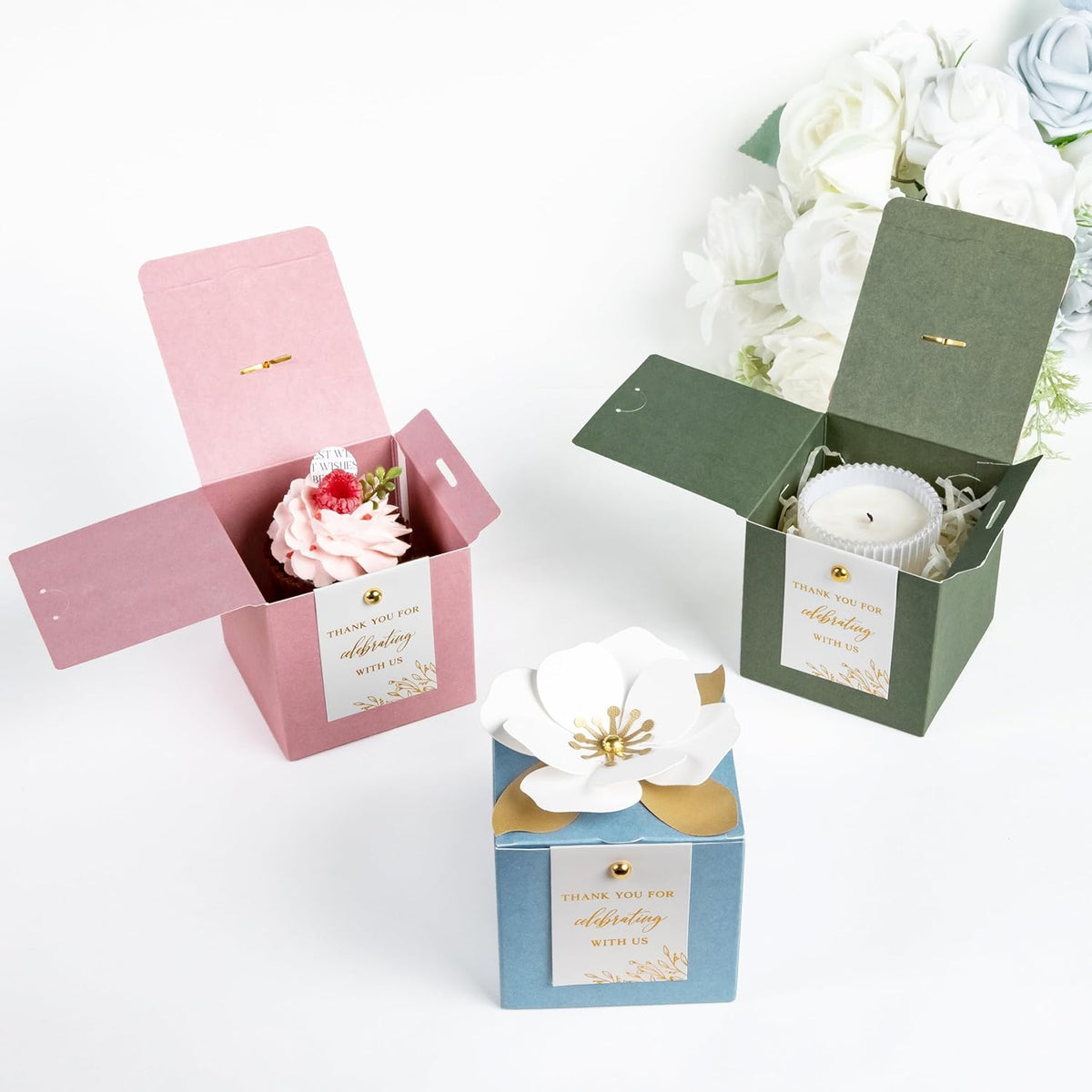 FEIYI 20 PCS Dusty Rose Gift Boxes, 3 In 1 Favor Boxes with Floral Decor, White Thank You Tags