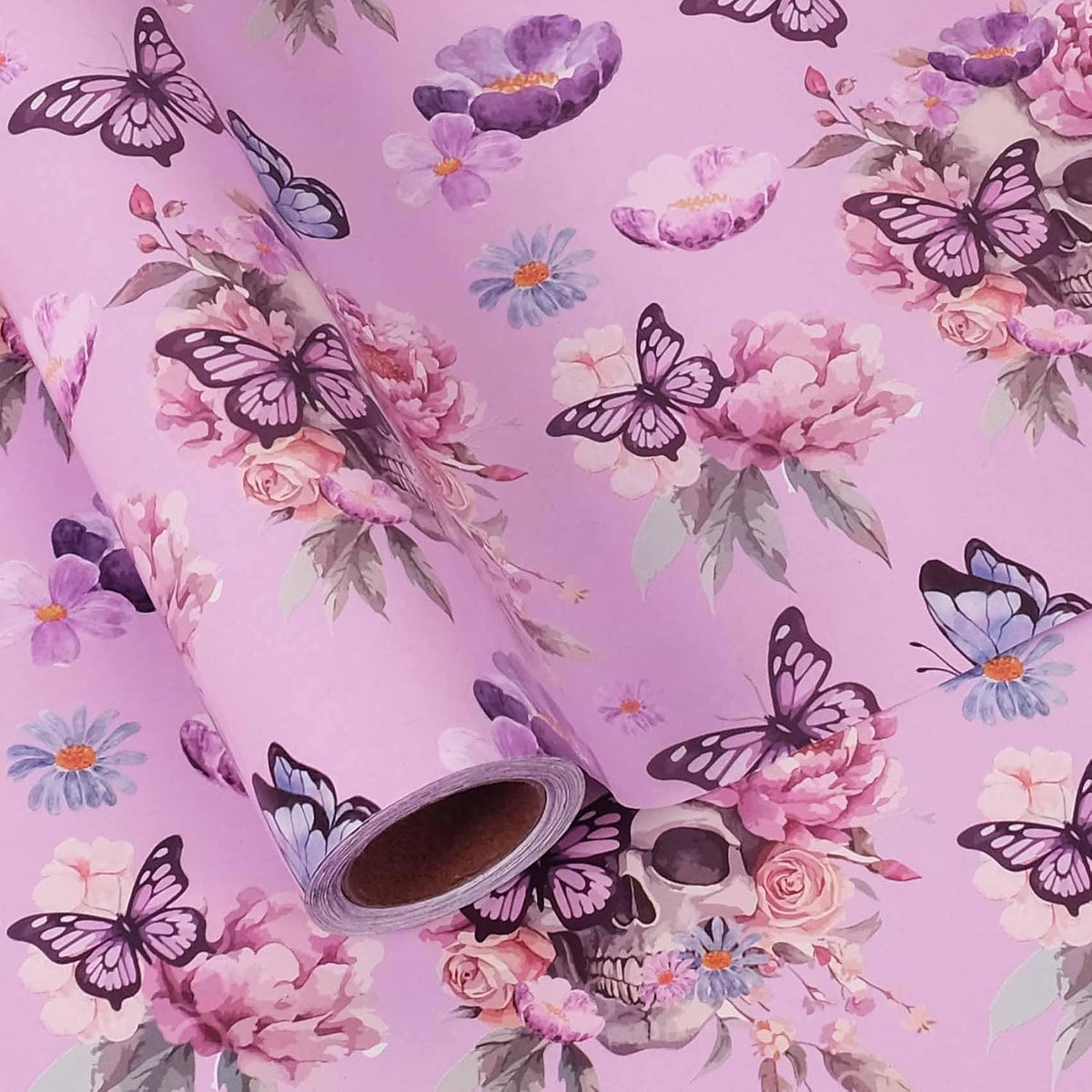 Aimyoo Gothic Wrapping Paper Roll, 17 Inch X 33 Feet Skull Floral Butterfly Design Gift Wrap Paper