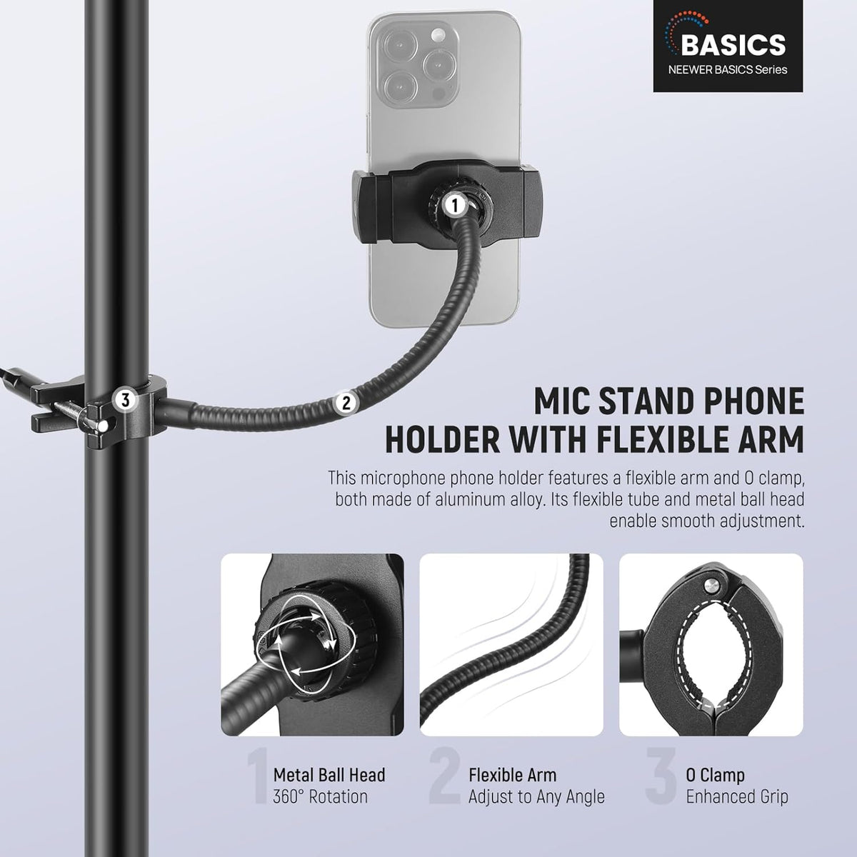 NEEWER BASICS Mic Stand Phone Holder with Flexible Arm, 360° Ball Head Boom Arm Microphone Floor