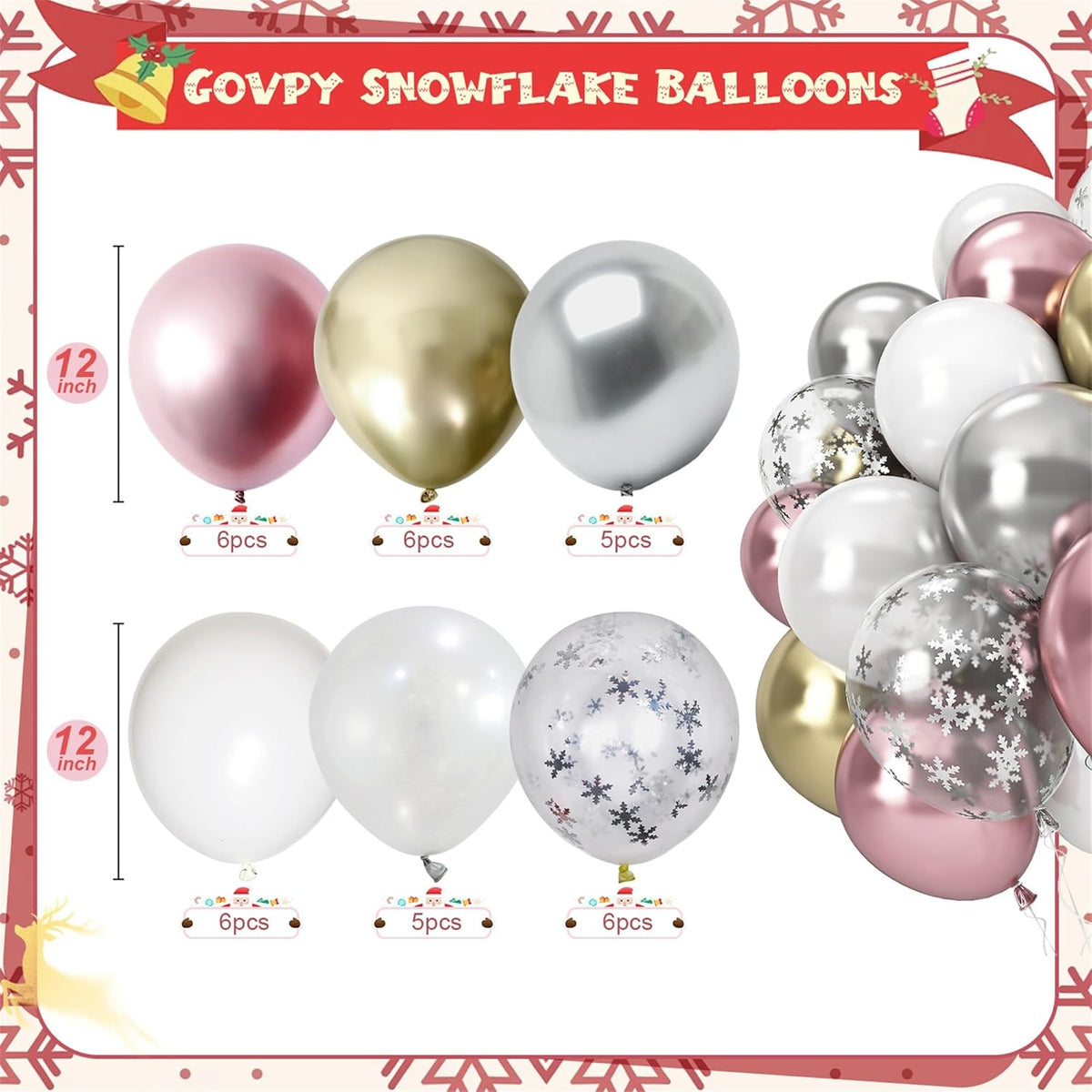 Pink White Winter Wonderland Snowflake Balloons Set, Metallic Light Pink Gold Silver White