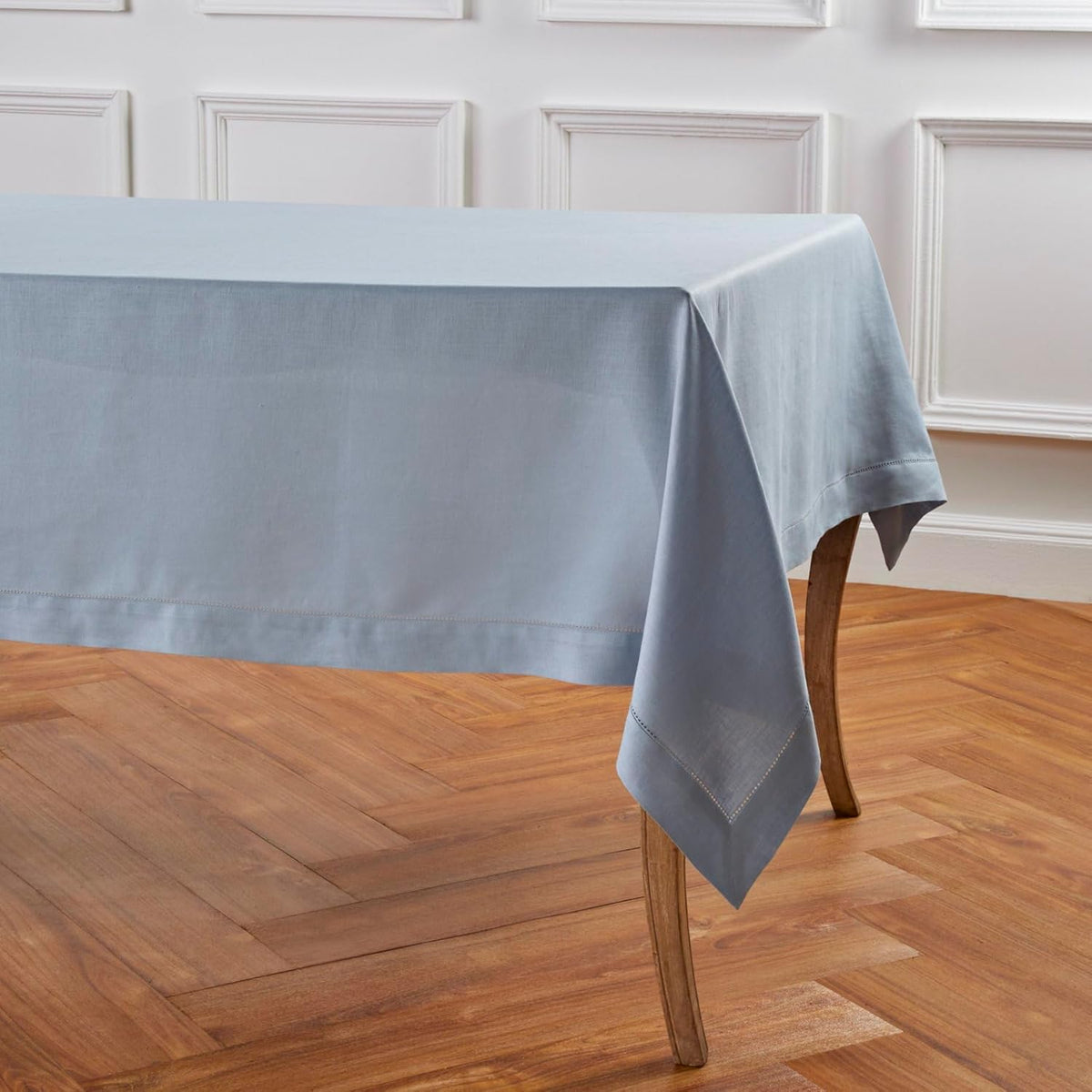 Solino Home Dusty Blue Linen Tablecloth 60 x 108 Inch - 100% Pure Linen Hemstitch Table Cloth for