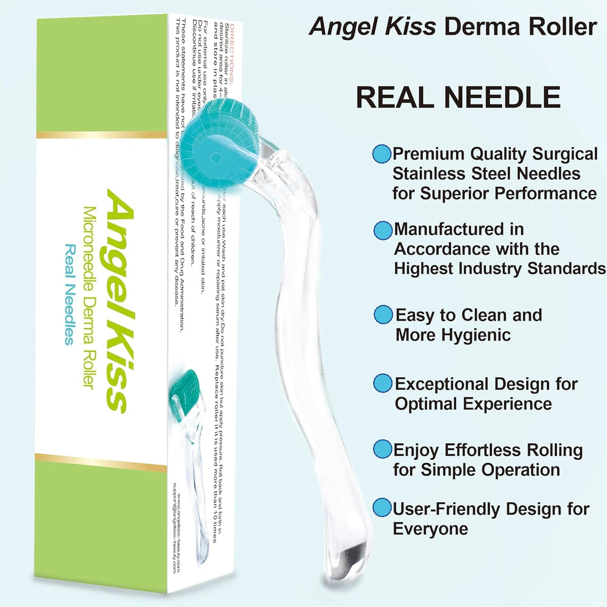 Derma Roller Real Needles - Angel Kiss 0.30mm Microneedling Roller with Case - 192 Stainless Steel