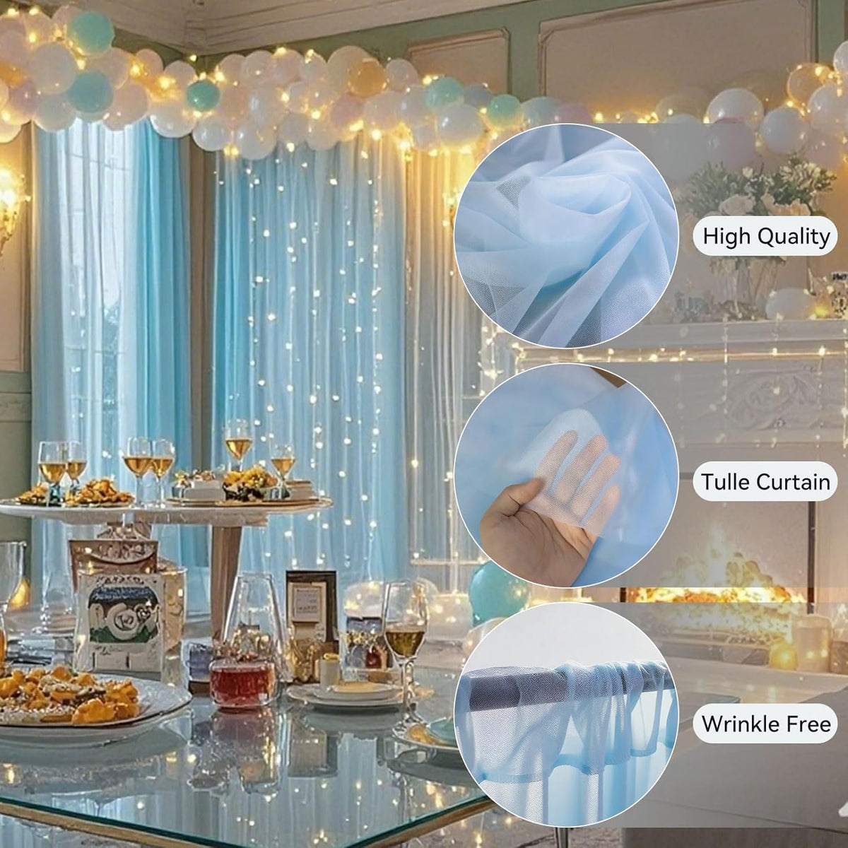 10×8ft Tulle Backdrop Curtains with Lights String - 300LED Fairy Lights Sheer Curtain Backdrop for
