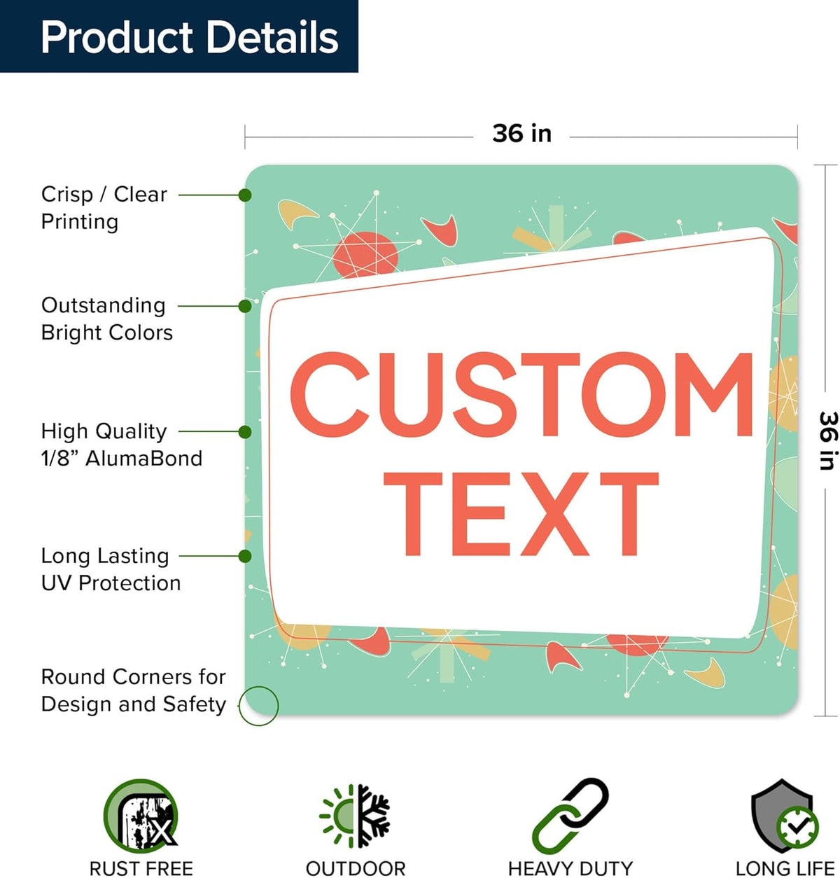 Custom Sign, Custom Street Sign, 11 Font Colors, 13 Font Styles, 4 Hole Options, 22 Sizes, 36x36