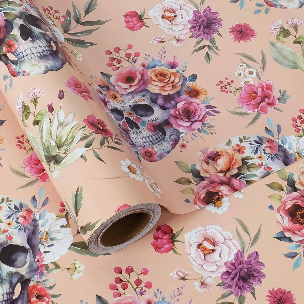 Aimyoo Gothic Wrapping Paper Roll, 17 Inch X 33 Fee Skull Floral Berry Design Gift Wrap Paper for