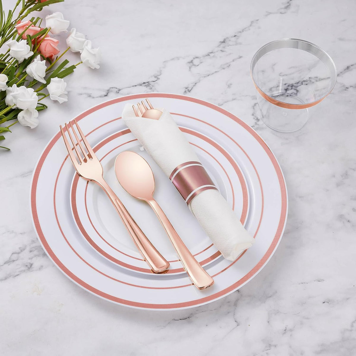 Goodluck 700 Piece Rose Gold Plastic Dinnerware Set for 100 Guests, Disposable Plates for Party