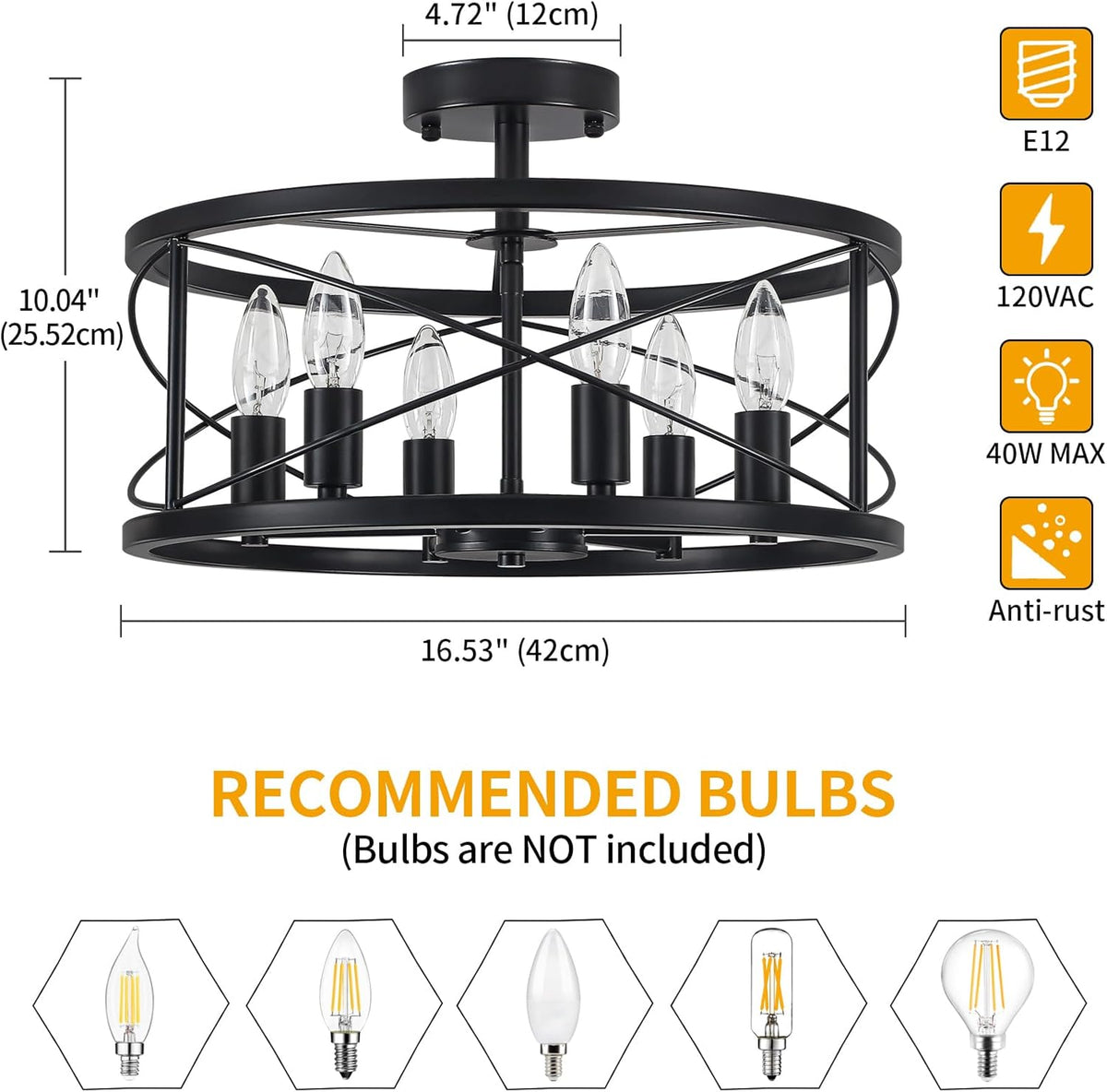 6-Light Black Semi Flush Mount Ceiling Light, 16.54'' Modern Farmhouse Close to Ceiling Light