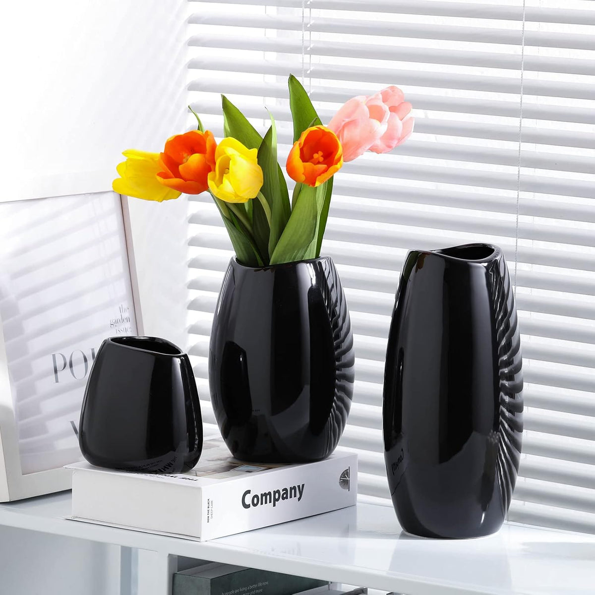 hjn Ceramic Vase Set of 3 Black Flower Vase for Home Decor, Modern Decorative Vase for