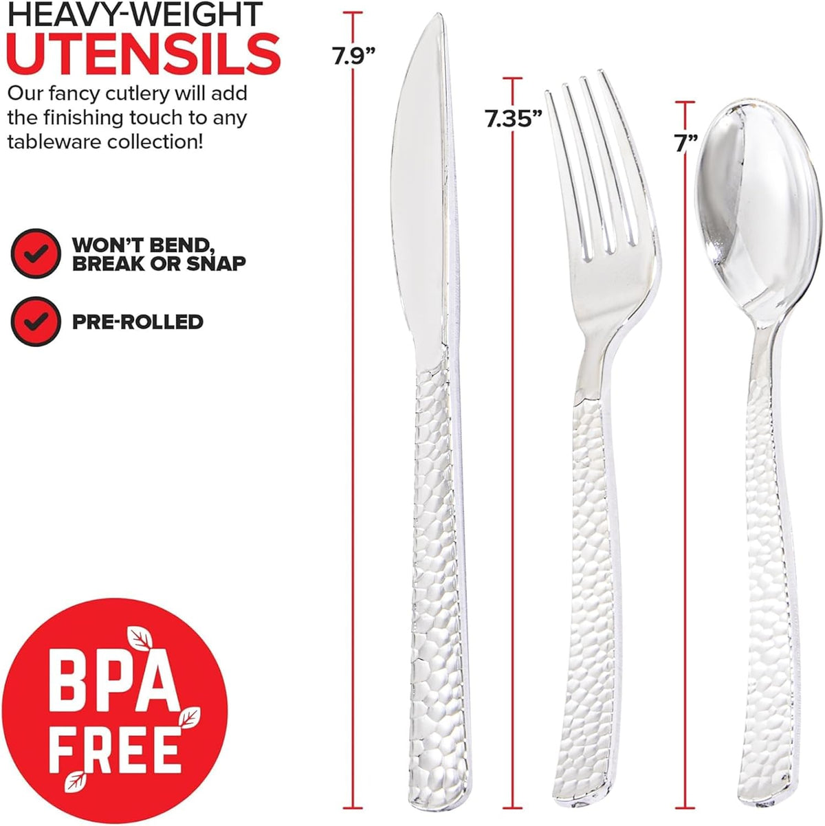 400PCS Pre Rolled Silver Plastic Silverware Sets - Heavy Duty Hammered Silver Cutlery - Include 100